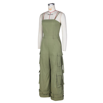 Jumpsuits Women One Piece Cargo Pant Wide Leg Long Pants Loose Casual Sling Sleeveless Overalls Y2k Strapless Solid Rompers