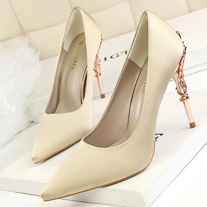 Women Luxury Metallic Decoration Heel Wedding Shoes Lady Trendy 10cm High Heels Pointed Toe Shoes Female Premium Gray Shoes