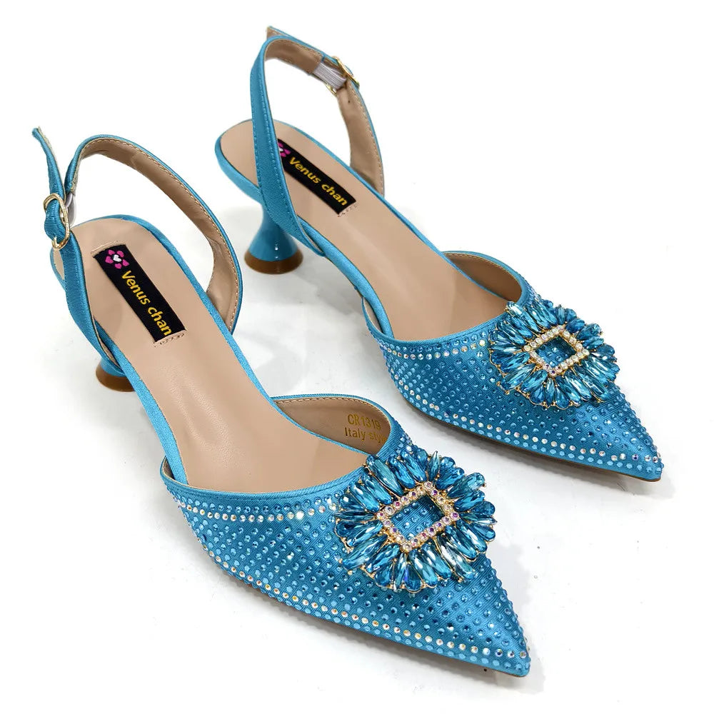 Latest Elegant Wedding Italian Diamond Design Shoes Women's African Party Shoes Crystal Shoes High School High Heels