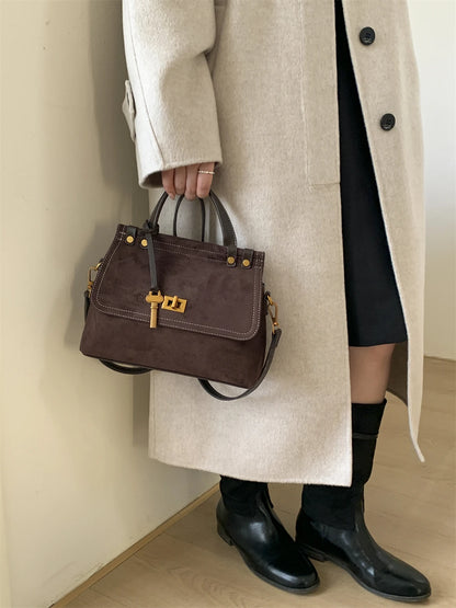 High Quality Retro Top-handle Bags For Women 2025 Winter New Designer Handbags Luxury Flap Shape PU Suede Shoulder Crossbody Bag