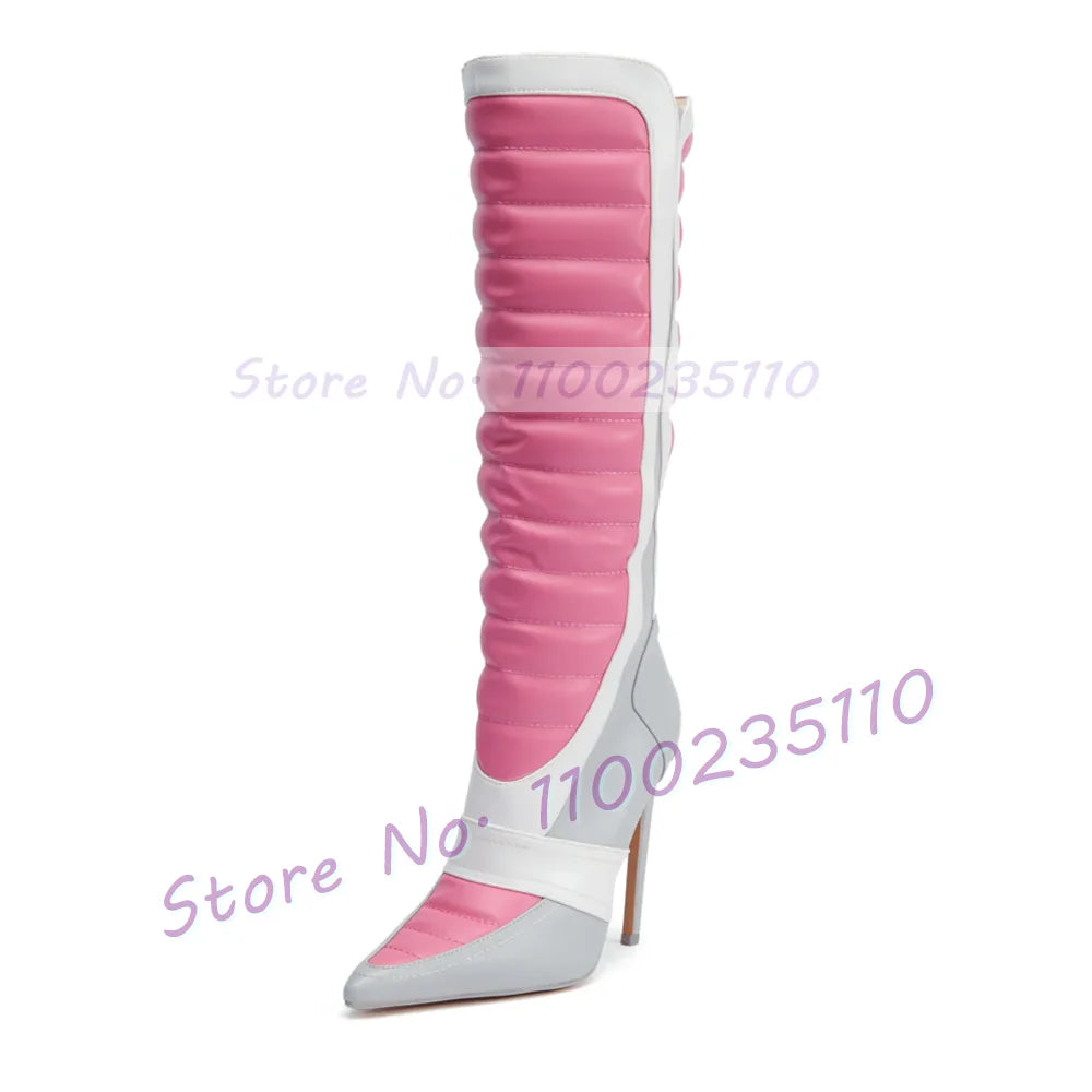 Pink Colorblock Stiletto Mid Calf Boots Women Novelty Pointed Toe Side Zipper Shoes Female Streetwear High Heels Biker Boots