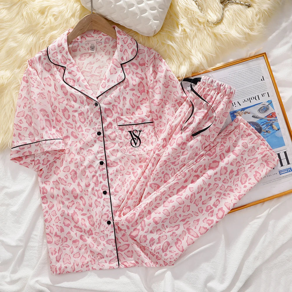 Victoria's Secret Suit Womens Silk Satin Pajamas Set Short Sleeve Shorts Sleepwear Loungewear Soft Breathable Button Down Pyjama