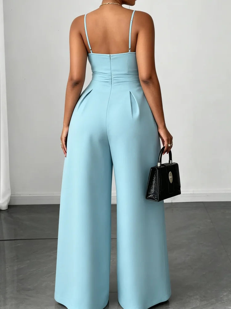 Plus Size Women Elegant Spaghetti Strap Jumpsuit Front Gold Button Pleated High Waist Wide Leg Pants Formal Party Long Jumpsuit