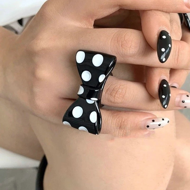 Punk Polka Dot Resin Ring for Women Exaggerated Big Bow Open Ring Y2K Sweet Cute Harajuku Style Daily Party Jewelry Accessories