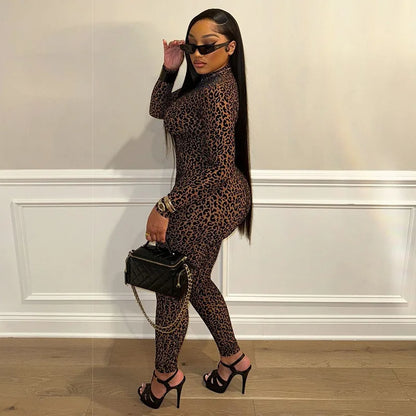 Shestyle Velvet Leopard Sexy Jumpsuits Women Turtleneck Nude Bodycon Mesh Transparent Zipper Fly Slim Fitness Playsuit Clothes