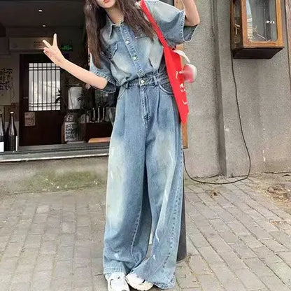 2026 Spring Denim Women Jumpsuit Straight Vintage Patch Pockets Long Sleeve Long Jumpsuits Female Elegant Fashion Chic Outfits