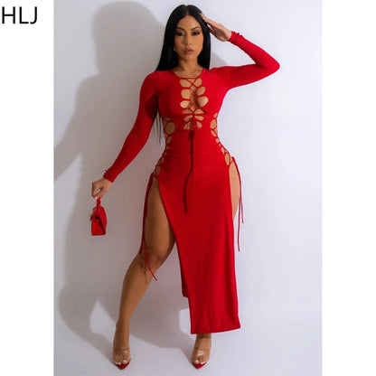 HLJ Sexy Solid Hollow Out Bandage Slit Bodycon Mid Dresses Women Round Neck Long Sleeve Slim Vestidos Fashion Party Club Clothes