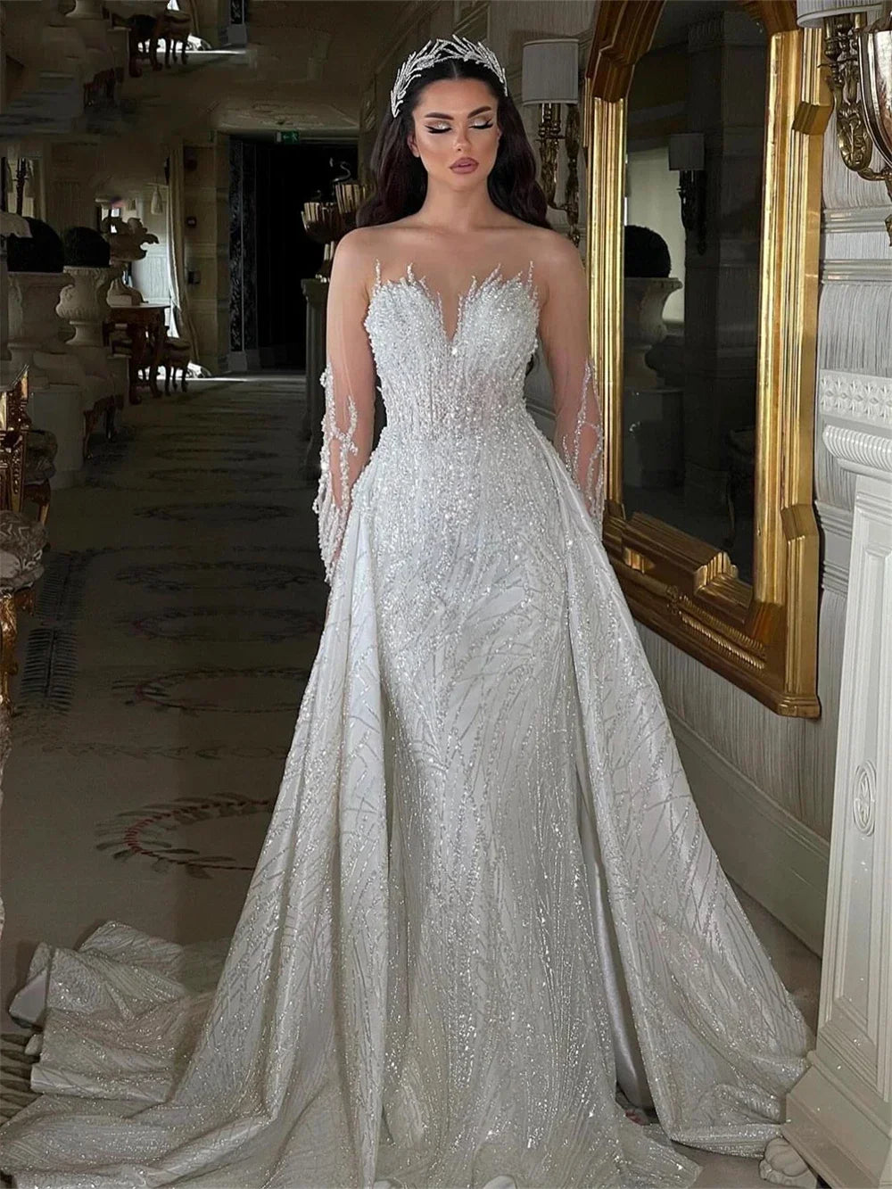 customized Sheer Neck Beading Bride Dresses Mermaid Wedding Dress Illusion Long Sleeve Luxury Bridal Gowns Vestido De Noiva