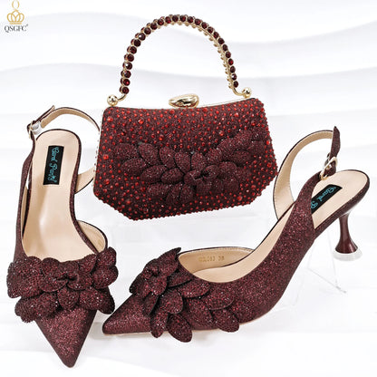 Nigerian Banquet Shoes and Bags African Fashion Peach Ladies Matching Shoes and Bags Pointed Toe High Heels Wedding Party