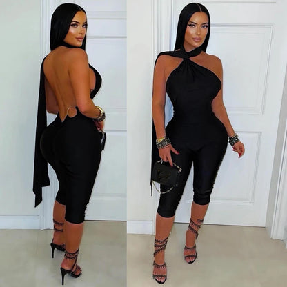 Sexy Backless Ruched Halter Neck Tie Solid Slim Fit Capris Jumpsuit Women Fashion Overalls Playsuits Beach Vacation Clubwear