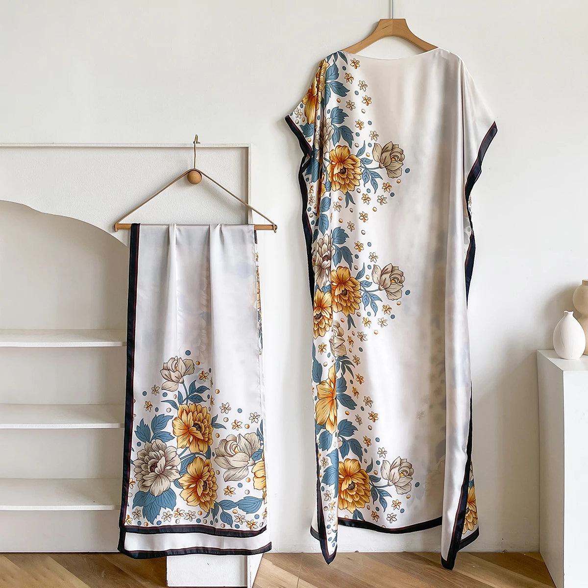 2025 New African Fashion Short Sleeve Colored Pattern Dubai Women Summer Real Silk Soft Printing Loose Tradition Muslim Dress