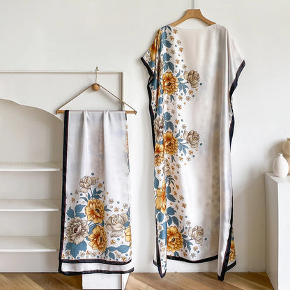 2025 New African Fashion Short Sleeve Colored Pattern Dubai Women Summer Real Silk Soft Printing Loose Tradition Muslim Dress