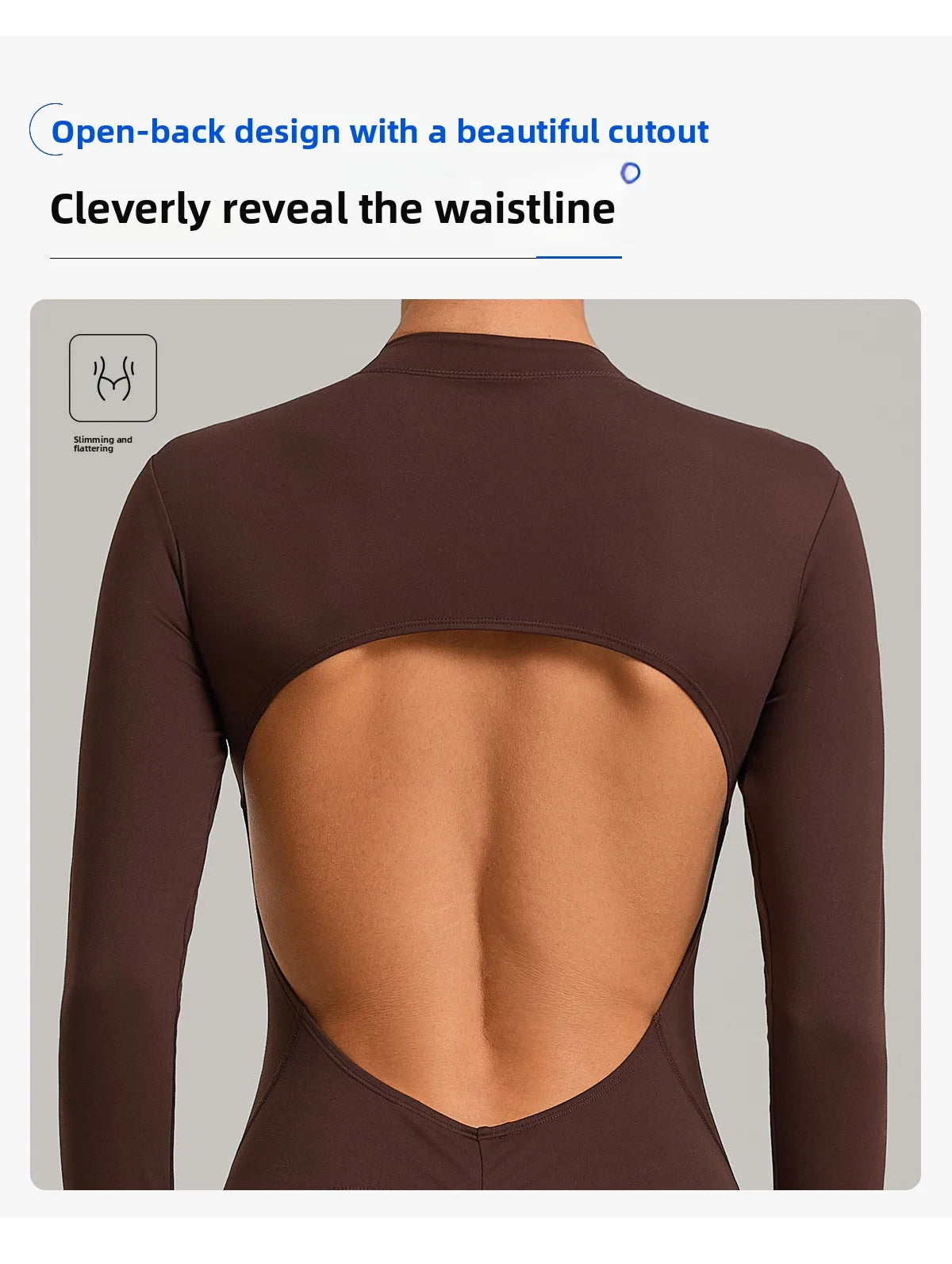 Women Long Sleeve Zip Yoga Bodysuit Cutout Back Scrunch Butt Lift Tummy Control Sweat Wicking Fabric Gym Workout Flare Jumpsuit