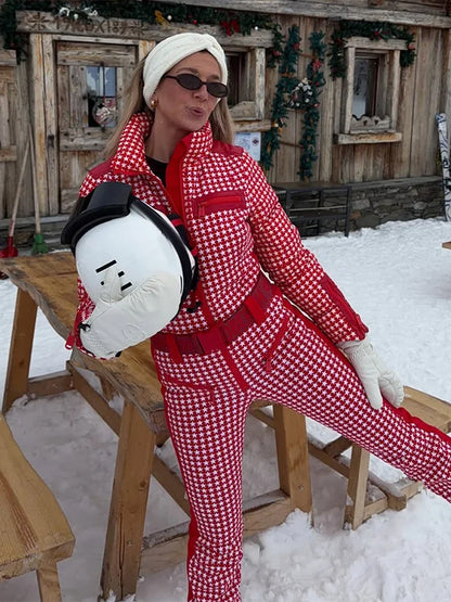 Thicken Print Cotton Jumpsuits Women High Neck Long Sleeves Zipper Belts Warm Ski Wears Female 2026 Winter New Chic Ski Jumpsuit