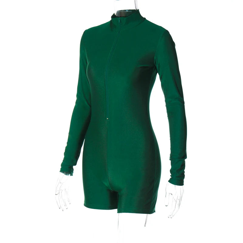 Hugcitar Solid Turtleneck Long Sleeve Zip Up Sexy Slim Skinny One Piece Playsuit 2024 Fall Women Fashion Streetwear Party Romper