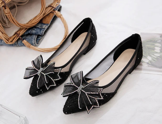 Women's Flat Mesh Shoes Diamond with Bow Pointed Toe Ladies Footwear Casual Non Slip Luxury Brand Elegant and Fashionable Y2k On