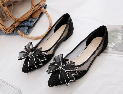 Women's Flat Mesh Shoes Diamond with Bow Pointed Toe Ladies Footwear Casual Non Slip Luxury Brand Elegant and Fashionable Y2k On