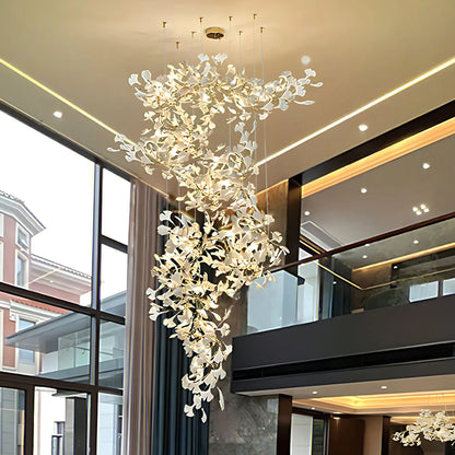 High Ceiling Ginko Leaf Chandeliers for Duplex Staircase Long Gold Leaf Pendant Hanging Chandelier for Vila Table Lobby Hotel