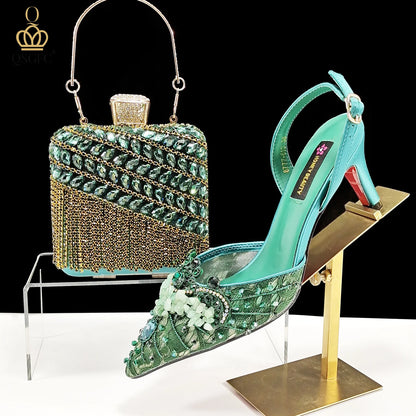 QSGFC Nigerian Style Elegant Women Heels Shoes And Bag Set Rhinestone with Coral Shoes Wedding Party
