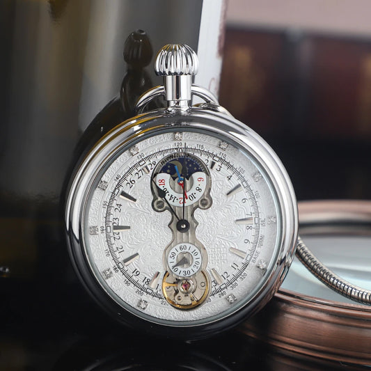 Luxury Antique Vintage Brass Mechanical Pocket Watch Moon-Phase Sub-dial Tourbillon Roman Numerals with Chain Men Women Gifts