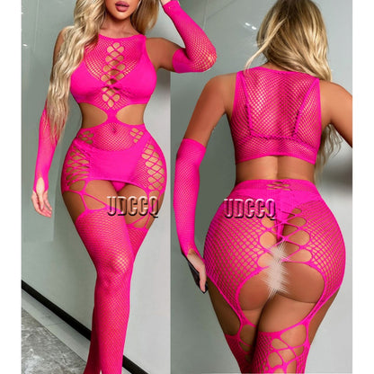 Sexy crochet Fishnet Cosplay Lingerie Babydoll Underwear costumes Chemises Teddies Sleepwear hoot sexy dress fluorescent pink