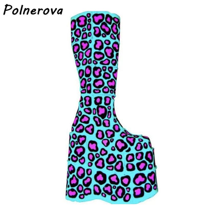 Double Platform Knee High Boots Rainbow Patchwork Round Toe Thick Soled Women's Shoes Women's Fashion Sexy Leather Winter Boots