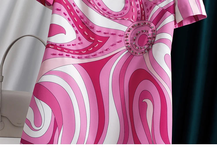 Women Pink Printed Beaded Dress Short Sleeve Round Neck a Line Elegant Summer Fashion Luxury Party Embroidered Chic Midi Dress