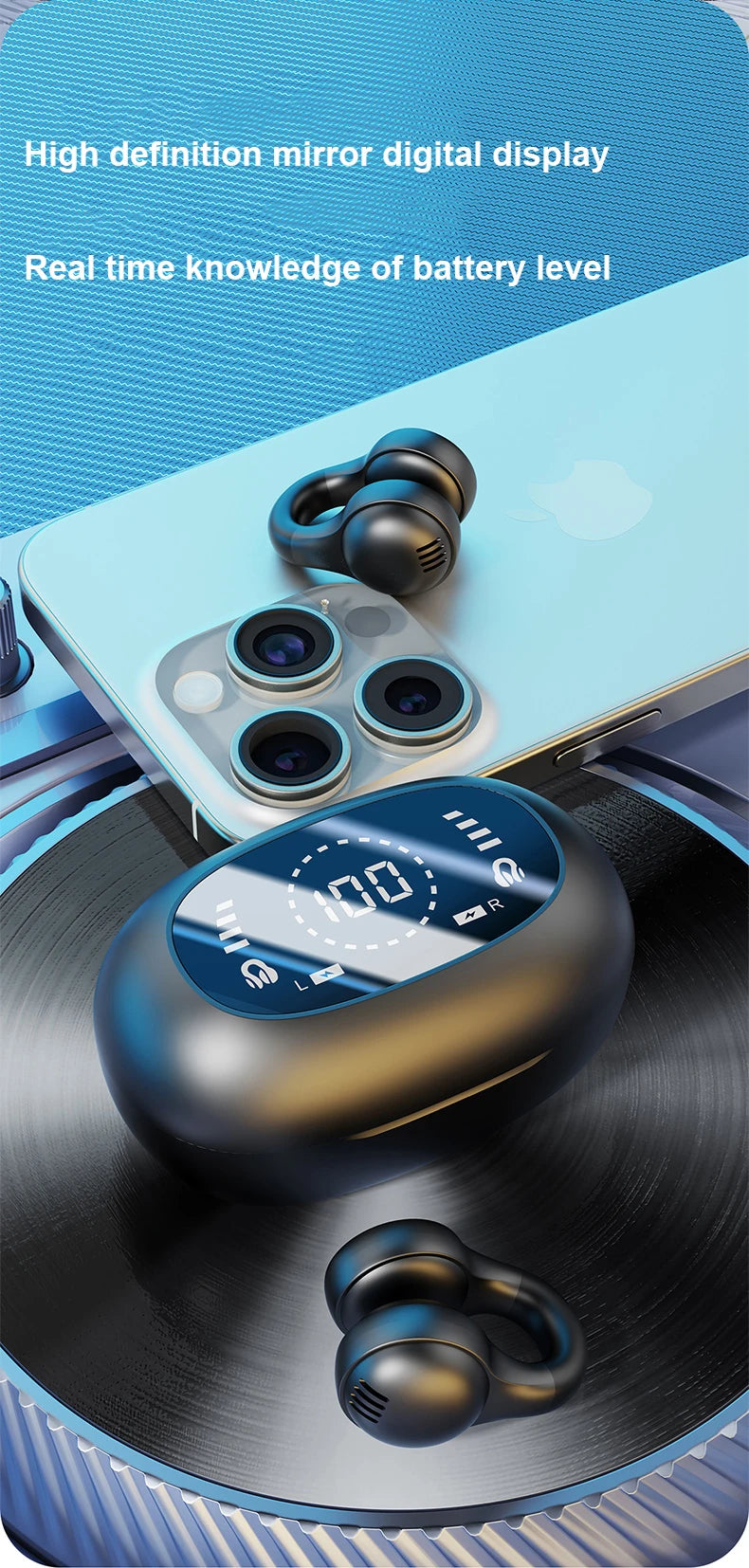 New Bluetooth Earphones Mirror-Style Digital Display Soft Silicone Ear Clip Wireless Headphone HD Noise Reduction Sports Headset
