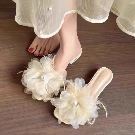 High End Luxury Flower Slippers Women Fairy Flower Shoes Open Toe Slides Femme Outside&Home Pantuflas Sandals Ladies Flip Flops