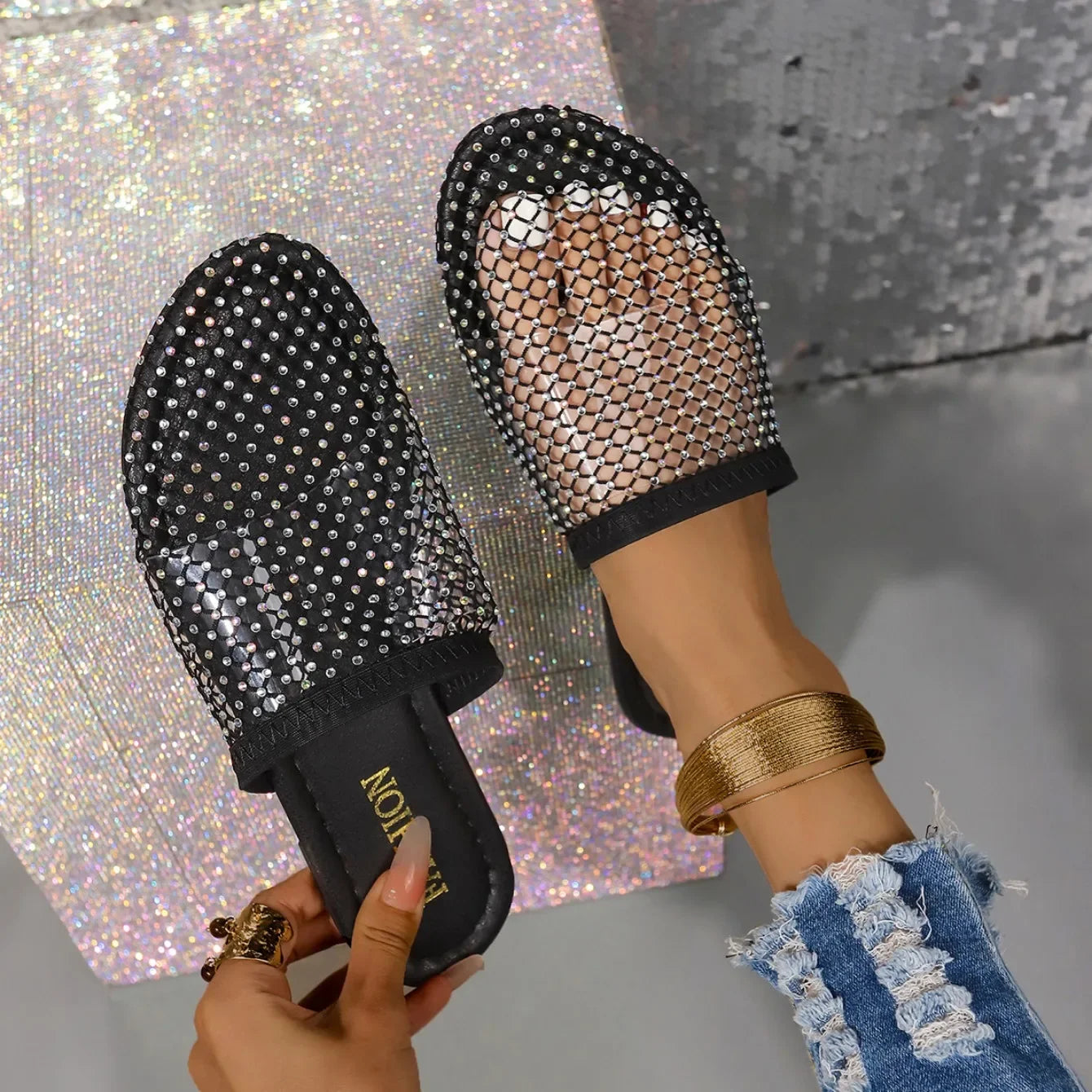 Women Slippers Summer Sexy Mesh Indoor Home Sandals Square Toe Female Flat Slippers Outdoor Clogs Beach Slippers Slides Women