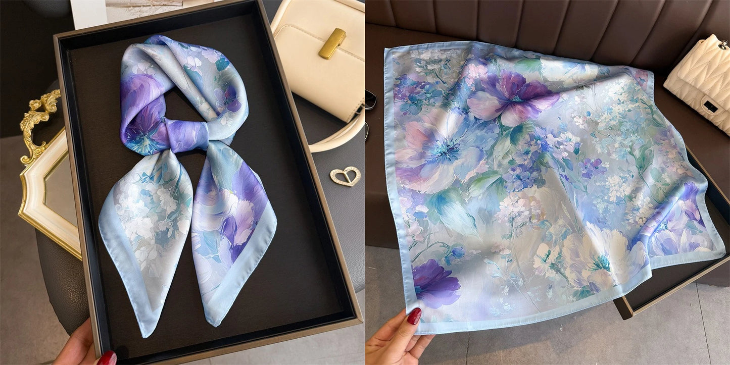 Luxury Floral Print Silk Square Scarf Women Soft Satin Kerchief Hairband Neckerchief Head Hijab Lady Headband Foulard Bag Ribbon