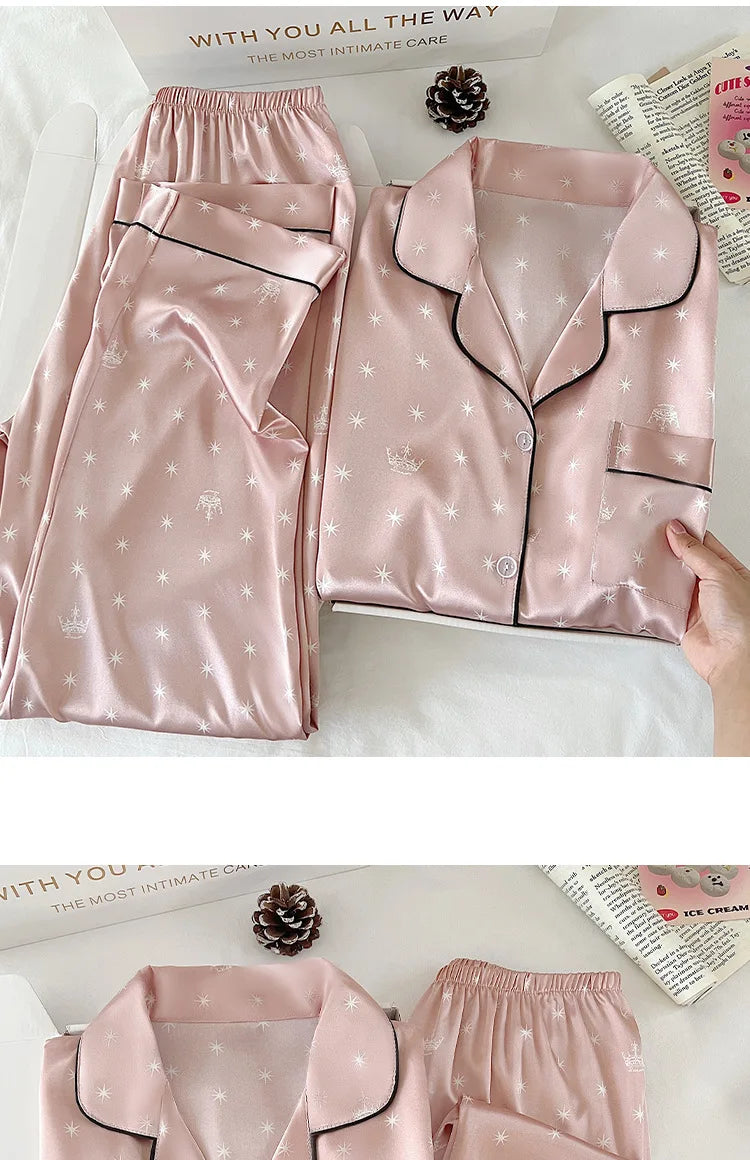 Japanese-Style Cute Girl Star Print Ice Silk Nightwear Women's Spring and Autumn Long-Sleeved Long Pants Homewear Actual Photo