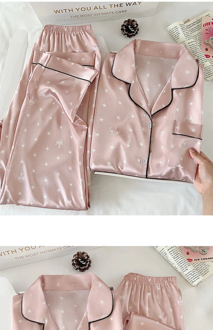 Japanese-Style Cute Girl Star Print Ice Silk Nightwear Women's Spring and Autumn Long-Sleeved Long Pants Homewear Actual Photo