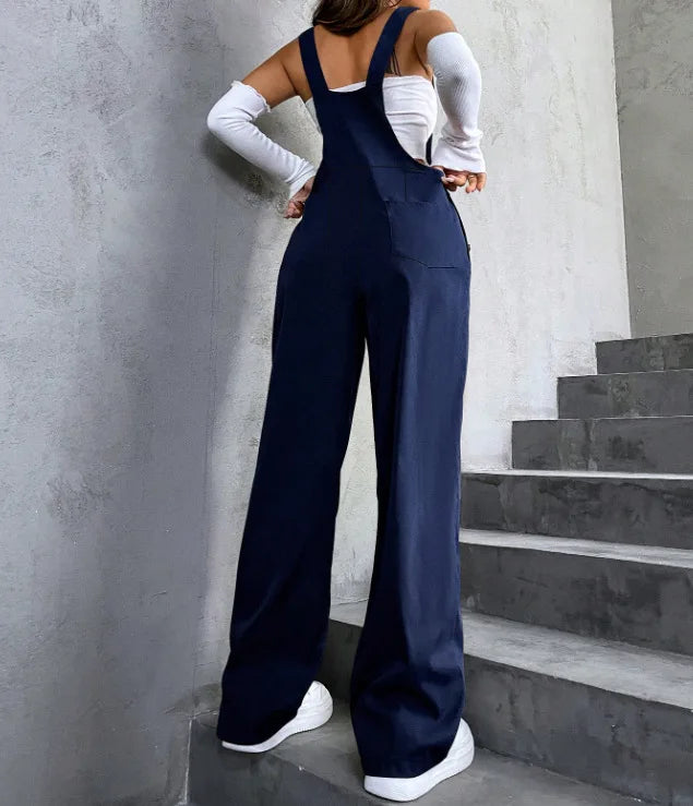 Women's Casual Bib Overalls Adjustable Shoulder Strap Pocket Wide Leg Jumpsuit Loose Straight Women Streetwear Suspender Pants