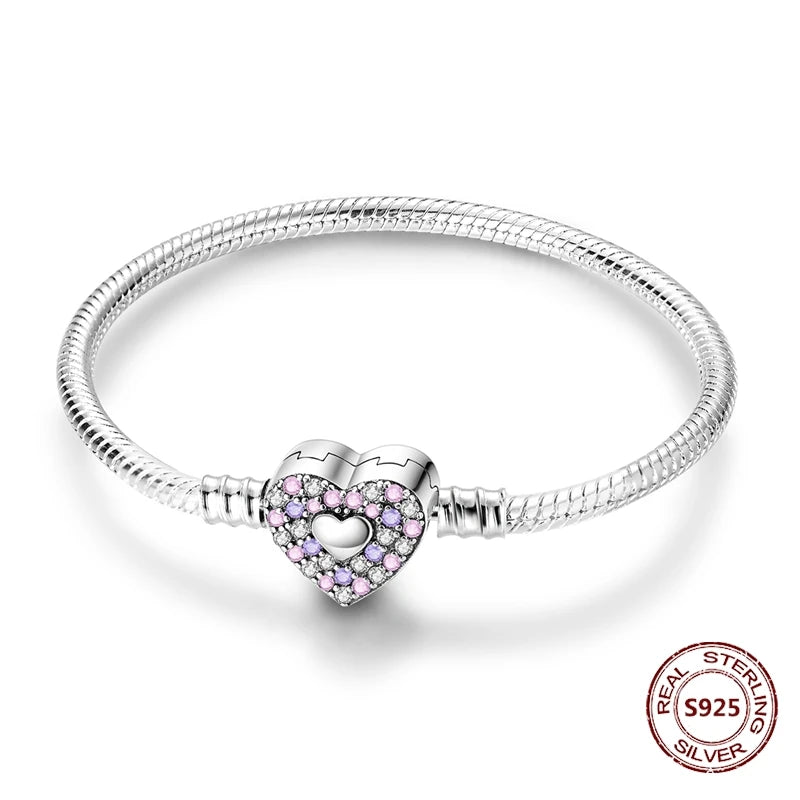 Silver 925 Bracelet Original Bracelets Colorful Zircon Heart Flower Cat Snake Chain For DIY Charms 17-20CM Luxury Jewelry Gifts