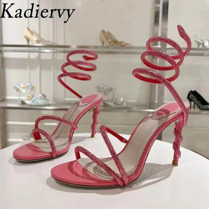 Luxury High Heels Sandals Woman Rhinestone Snake Twine Around Ankle Strap Wedding Shoes Stiletto Summer Gladiator Sandals Women
