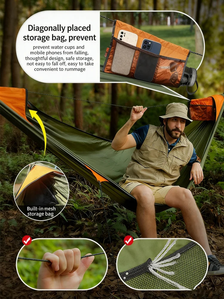 TRAVELER Bushcraft Quick-Deploy Hammock with Mosquito Net, Integrated Ridgeline & Anti-Roll Design for Wilderness Camping