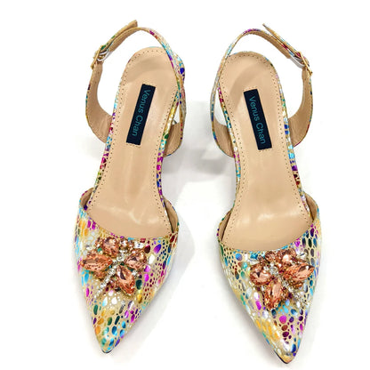 2026 Gold Color Thin Heels Pointed Toe Crystal Design Ladies Shoes Matching Bag Set For Women Weeding Party Pump