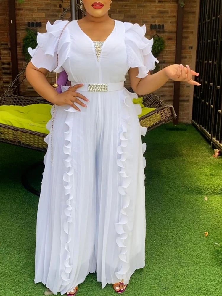 Elegant Women Wide Leg Pleated Jumpsuits V Neck Short Sleeve Ruffle Diamond Waist Belt Fashion African Female Evening Party Wear