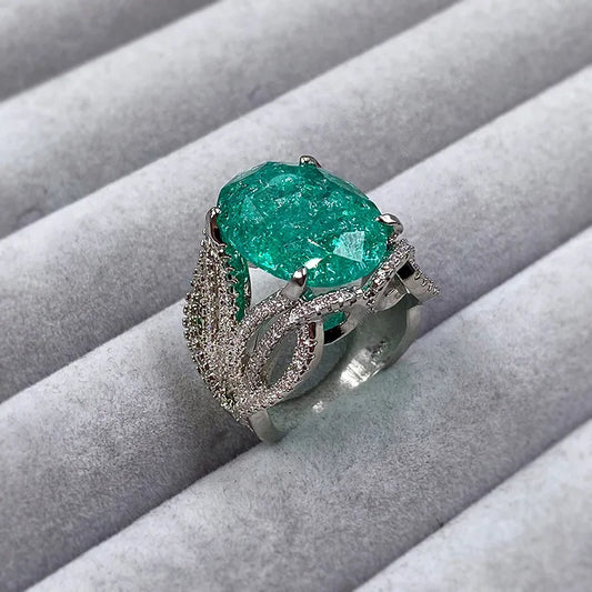 925 Silver Plated Exquisite Blue Green Moissanite Ring Fire Sparkling Luxury Open Ring Female Party Birthday Jewelry Gift