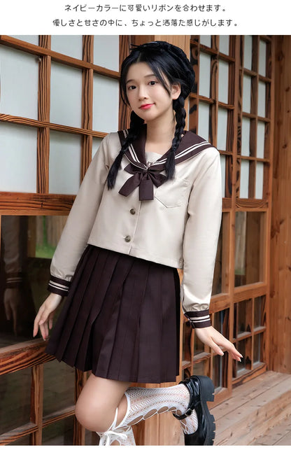 JK School Uniform Set Sailor Suit with Pleated Skirt Milk Tea Color Jk Outfit