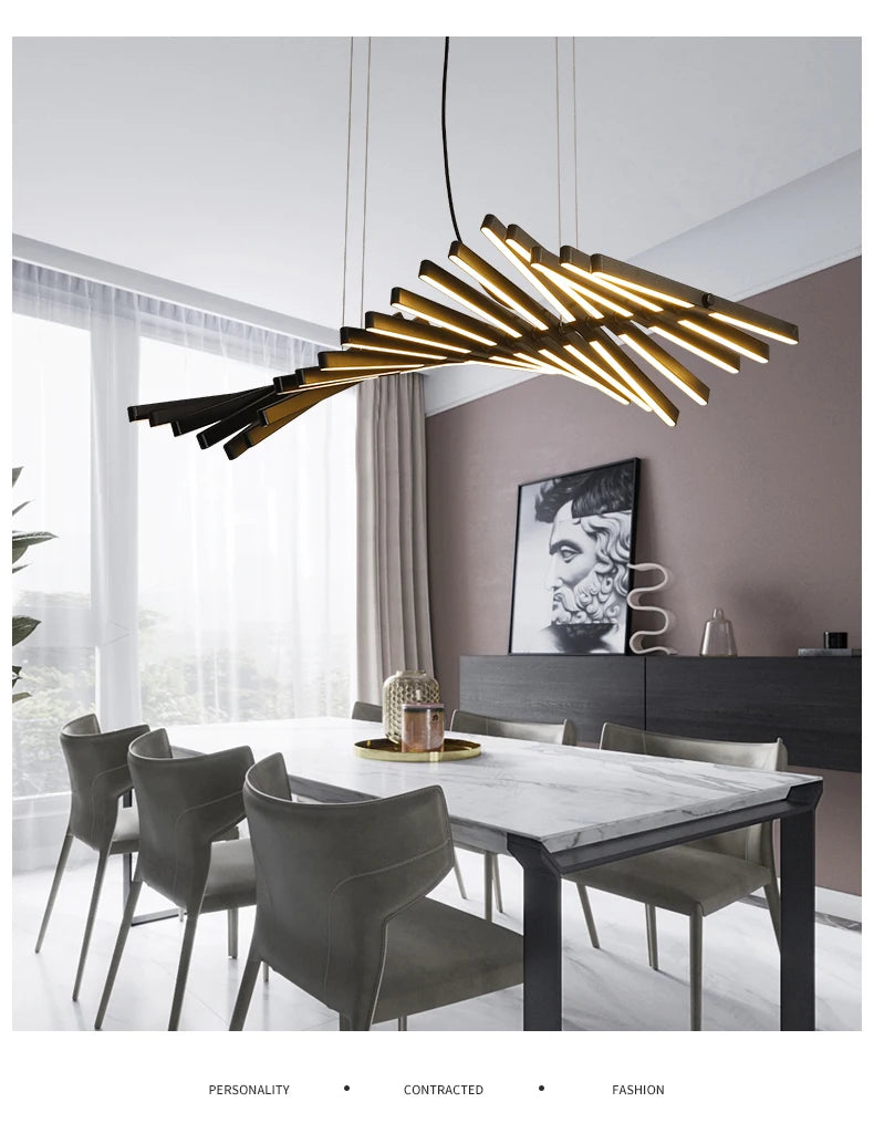 Modern LED Ceiling Chandelier Lights Nordic Luxury Pendant Lights for Living Dining Room Fish Bone Design Dimmable Hanging Lamp