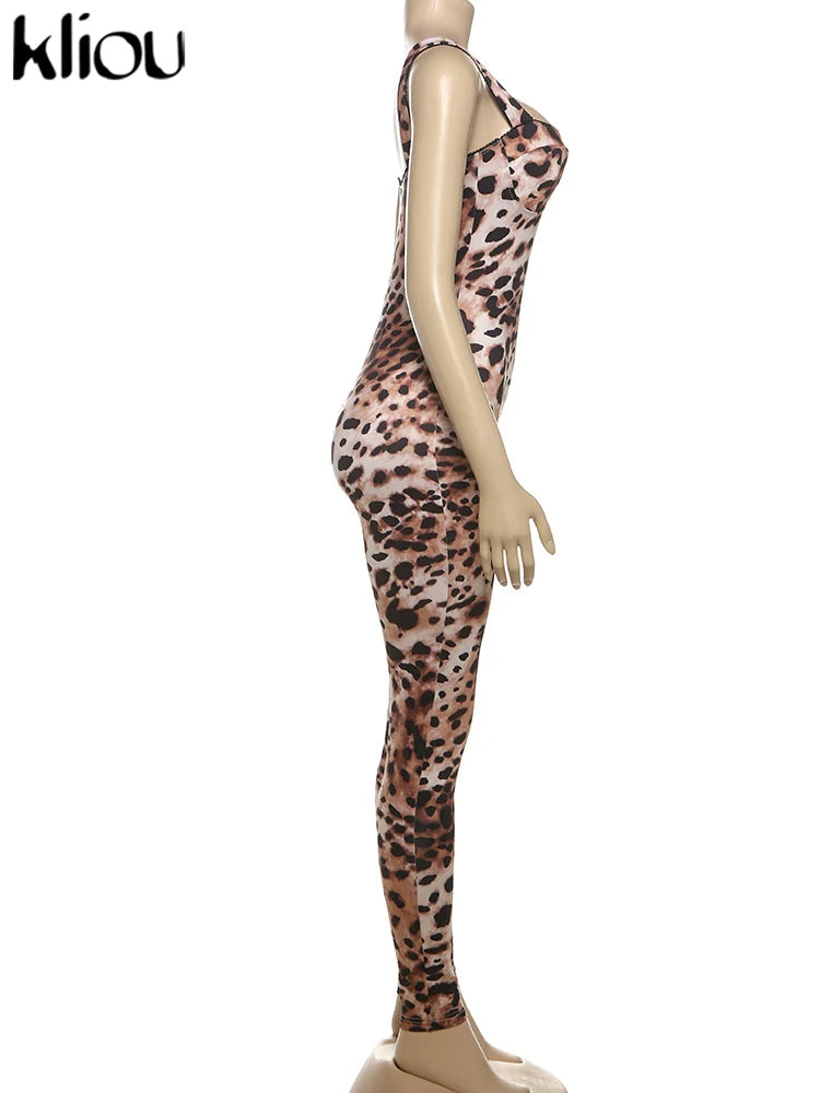 kliou Leopard Printed Women Jumpsuits Sexy Hot Popular Low Neck Spaghetti Strap Skinny Overalls Female Trend Midnight Clubwear