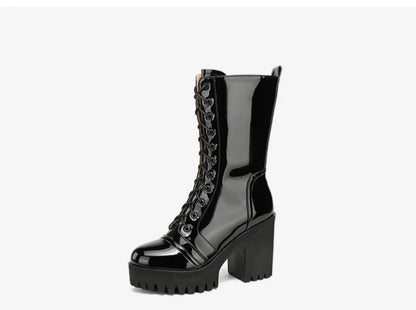 10cm Small Size 32-43 Fall Winter Genuine Leather Boots Platform Shoes 2026 Womens Block High Heels Mid Leg Boots Office Model