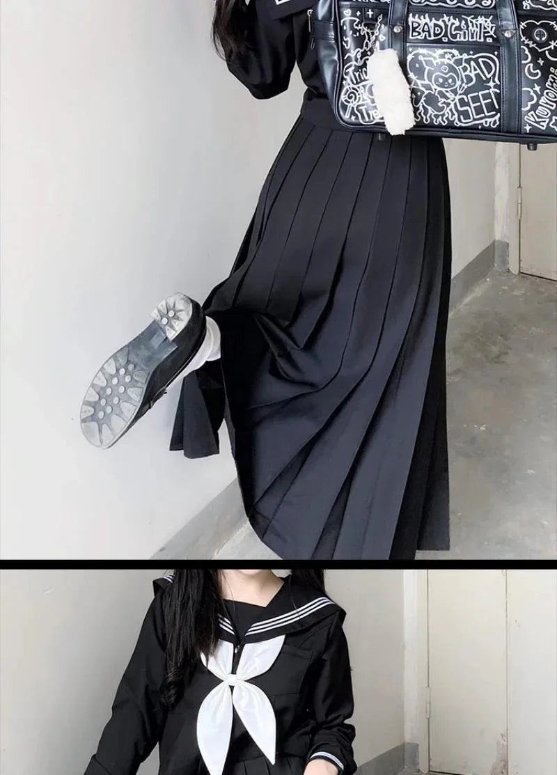Japanese School Uniforms Student Style Girls Navy Costume Women Sexy Black JK Long Dress Suit Sailor Blouse Pleated Skirt Set