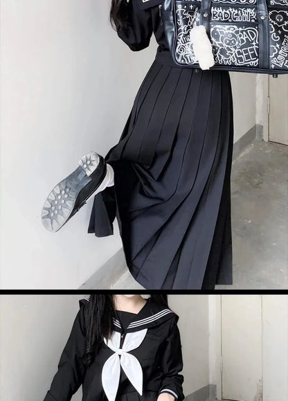 Japanese School Uniforms Student Style Girls Navy Costume Women Sexy Black JK Long Dress Suit Sailor Blouse Pleated Skirt Set