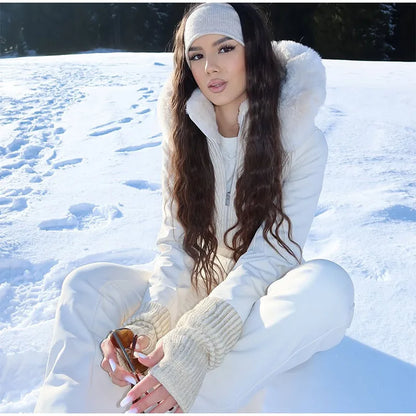 Women's Chic White Hooded Ski Jumpsuit with Waist Belt Warm Snowproof One-Piece Snow Wear Winter Sports Fashion Lady Snowsuit