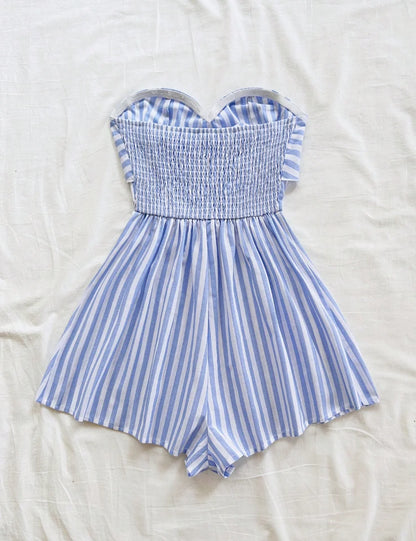 Women's Spring/Summer Cruise Vacation Blue Striped Front Waiver Loose Jumpsuit, Suitable for Party, Date, Afternoon Tea