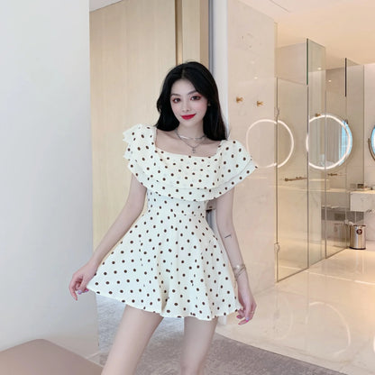 2025 Summer New Women Korean Off-shoulder Short Jumpsuit Female Chiffon Polka-dot Playsuits Ladies Short Sleeve Thin Rompers P73