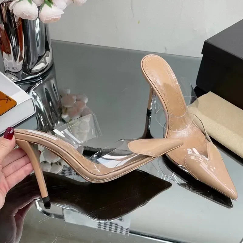 Elegant Pointed Toe Transparent PVC Heart High Heels Mules Slipper Shoes Women 2025 Black White Red Shoes Luxury Designer Pumps